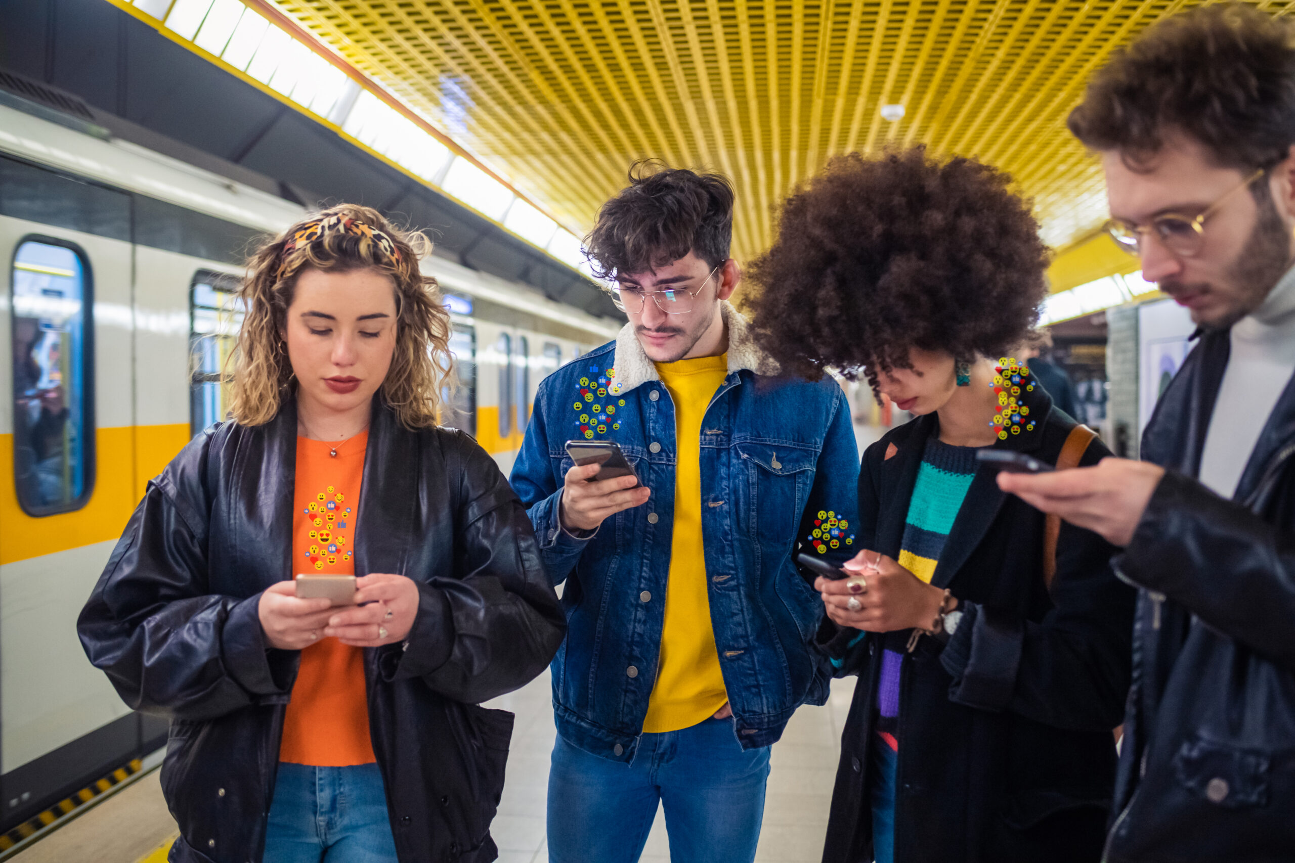 Group of friends standing in a subway station, all looking down at their phones